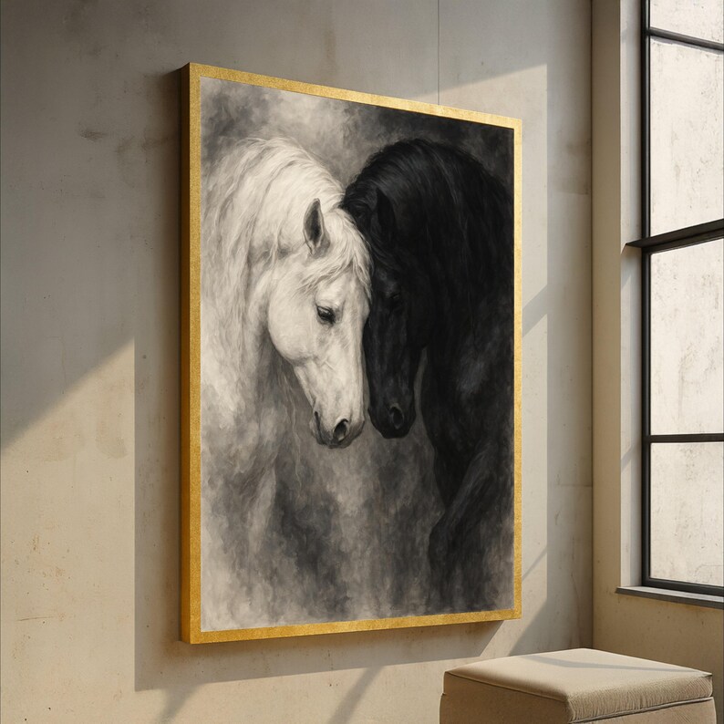 Tela de retrato de cavalos pretos e brancos, arte de parede equina, pintura romântica de animais, close-up de cabeças de cavalo, decoração elegante para casa imagem 1