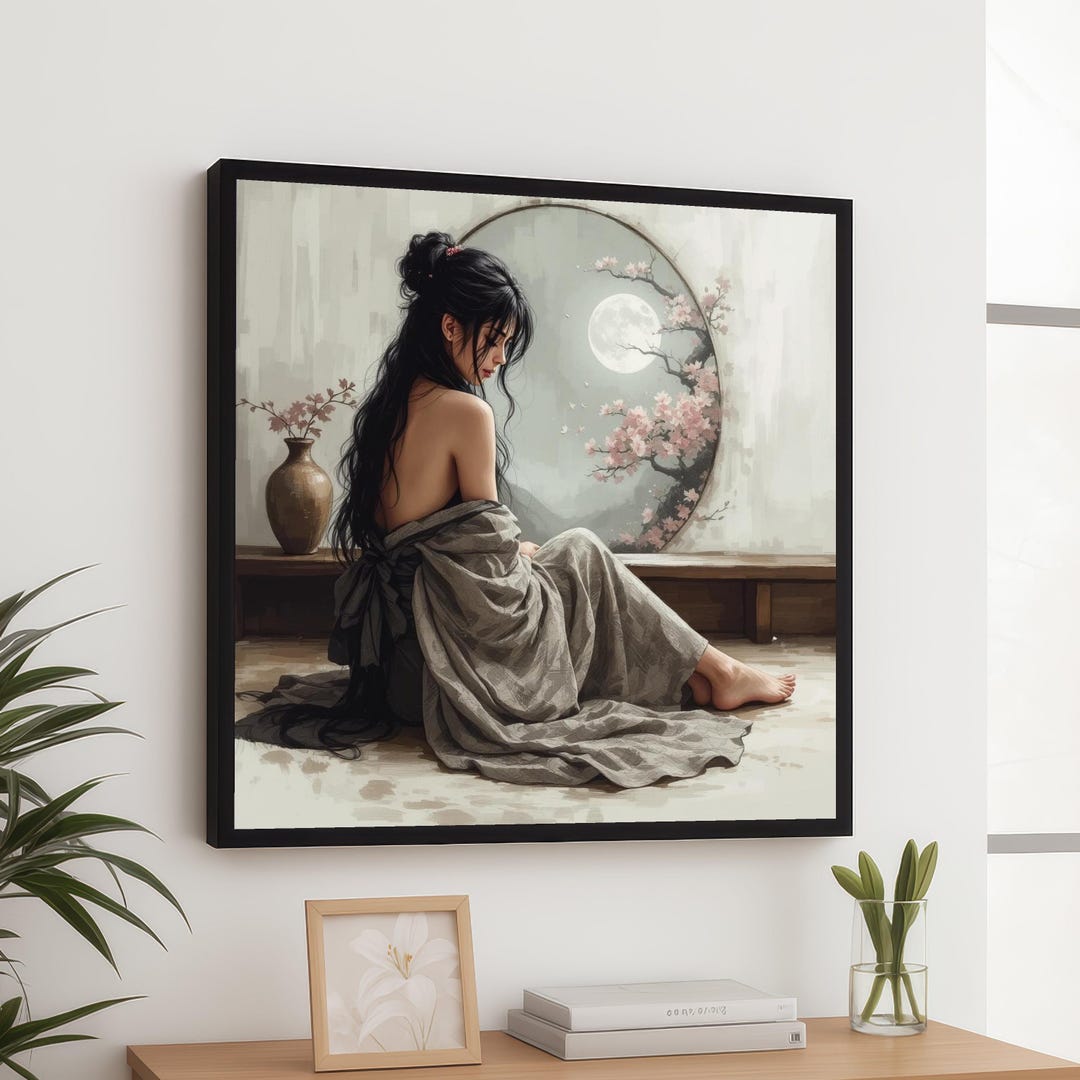 Serene Asian Woman Sitting, Moonlit Cherry Blossom Canvas