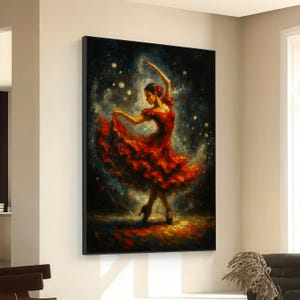 Flamenco Dancer in Flowing Red Dress, Elegant Ballet Canvas Wall Art, Expressionist Dance Painting, Vibrant Movement Home Decor, Ready to