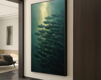 School of Fish Canvas Wall Art, Ocean Underwater Scene, Marine Life Painting, Nautical Home Decoration, Sea Creature Art Print