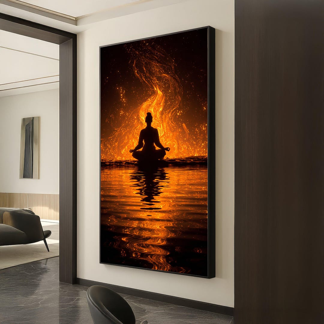 Meditative Fire Glow, Silhouette Yoga Canvas, Zen Spiritual Wall Art ...