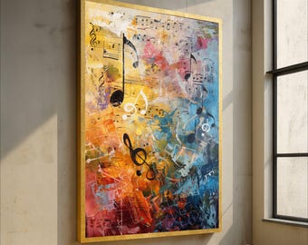 May include: Abstract musical art piece with a gold frame. The artwork features a vibrant mix of colors, including yellow, orange, blue, and pink, with musical notes and sheet music scattered across the canvas. The painting is displayed on a wall next to a window.