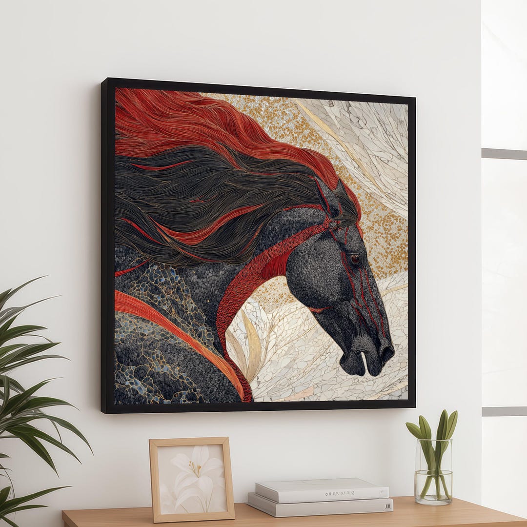 Majestic Black Horse Canvas Wall Art, Red Accents Abstract Steed ...