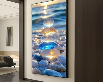 Stacked Glass Pebbles on Beach, Sunlight Reflection Canvas, Tranquil Ocean Shore Canvas, Serene Nature Wall Art, Relaxing Coastal Decor