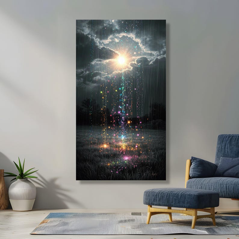 Mystical Light Shower Canvas, Fantasy Night Sky Wall Art, Magical Glow Rain, Enchanted Landscape Canvas, Dreamy Outdoor Decoration image 6