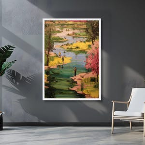 Tranquil Riverside Fishing Scene Canvas, Nature Landscape Wall Art, Hand-Painted Style River View, Outdoor Relaxation Decor, Canvas Wall Art image 5