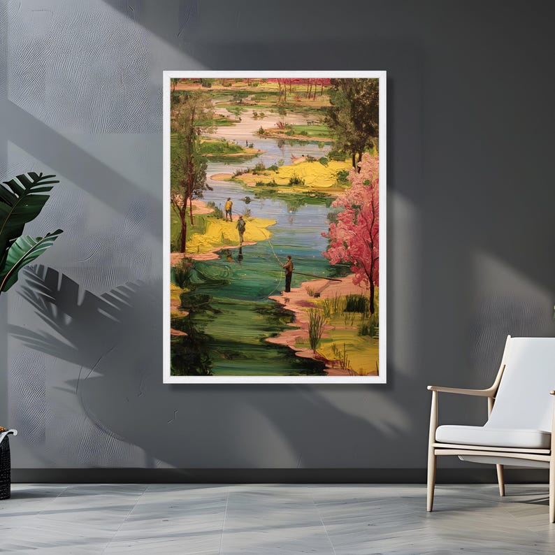 Tranquil Riverside Fishing Scene Canvas, Nature Landscape Wall Art, Hand-Painted Style River View, Outdoor Relaxation Decor, Canvas Wall Art image 5