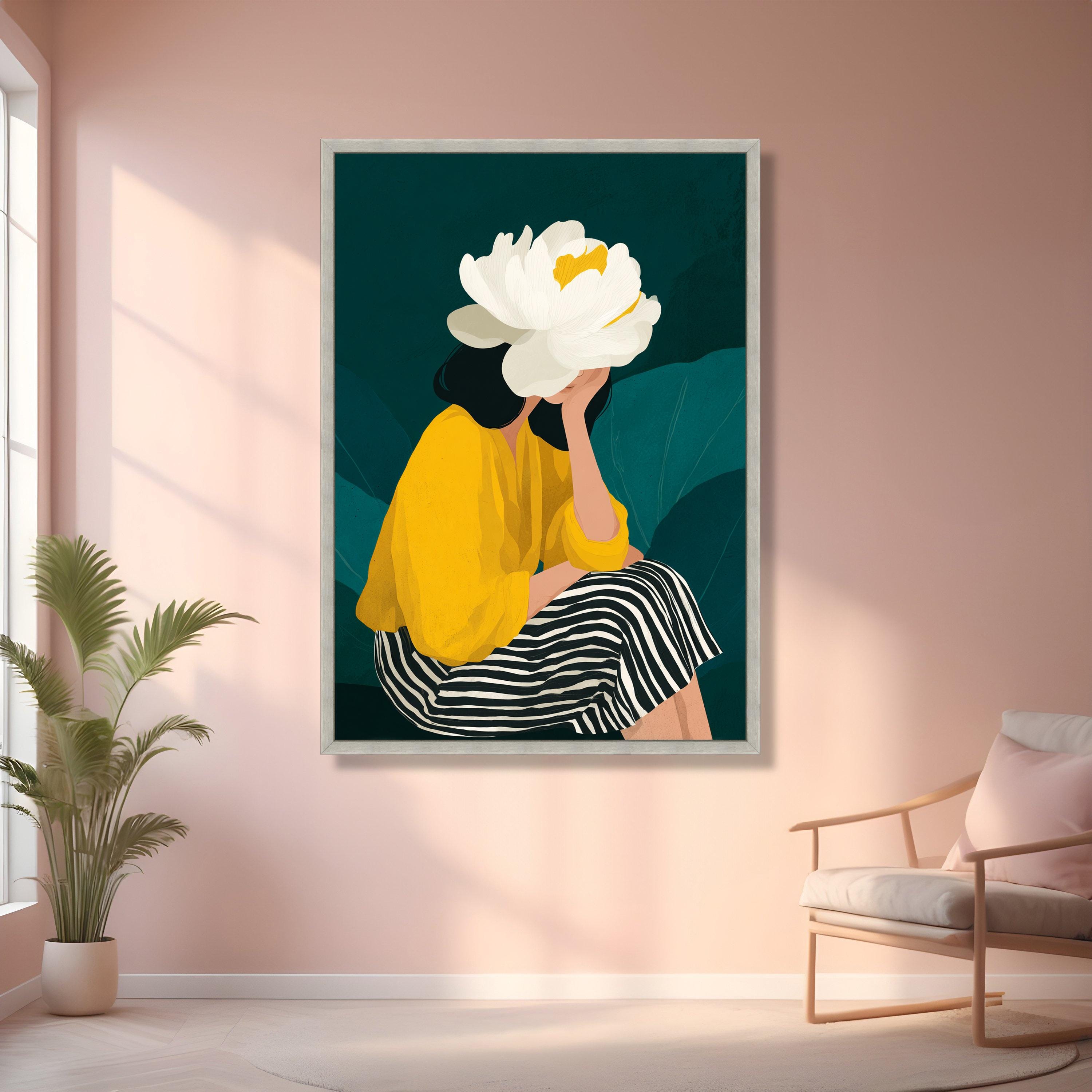 Modern Woman With Floral Hat Canvas, Abstract Female Portrait Wall Art ...
