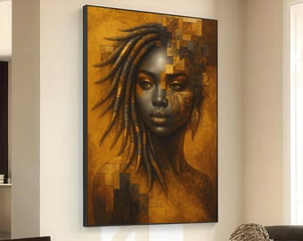 Abstract Afrocentric Woman Portrait Canvas, Geometric Face Art, Brown and Gold Wall Decor, Modern Ethnic Canvas, Unique Home Decoration