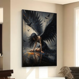 Dark Fallen Angel Canvas Wall Art, Gothic Woman with Black Wings, Moody Fantasy Art, Dramatic Home Decor, Mystical Wall Painting