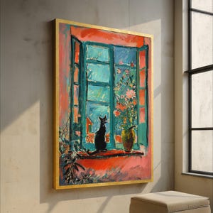 Tela de gato preto no peitoril da janela, natureza morta em vaso floral, arte de parede com cena vibrante de janela, tela colorida para decoração de casa