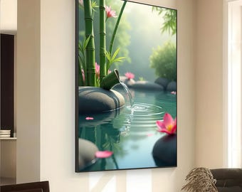 Flowing Bamboo Water and Lotus Canvas Wall Art Zen Stone Decor for Spa, Meditation, or Tranquil Nature Inspired Home Ambience