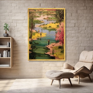 Tranquil Riverside Fishing Scene Canvas, Nature Landscape Wall Art, Hand-Painted Style River View, Outdoor Relaxation Decor, Canvas Wall Art image 2