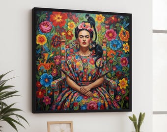 Vibrant Floral Portrait Canvas, Frida Wall Art, Colorful Folk Art Design, Decorative Home Canvas, Exotic Nature Theme