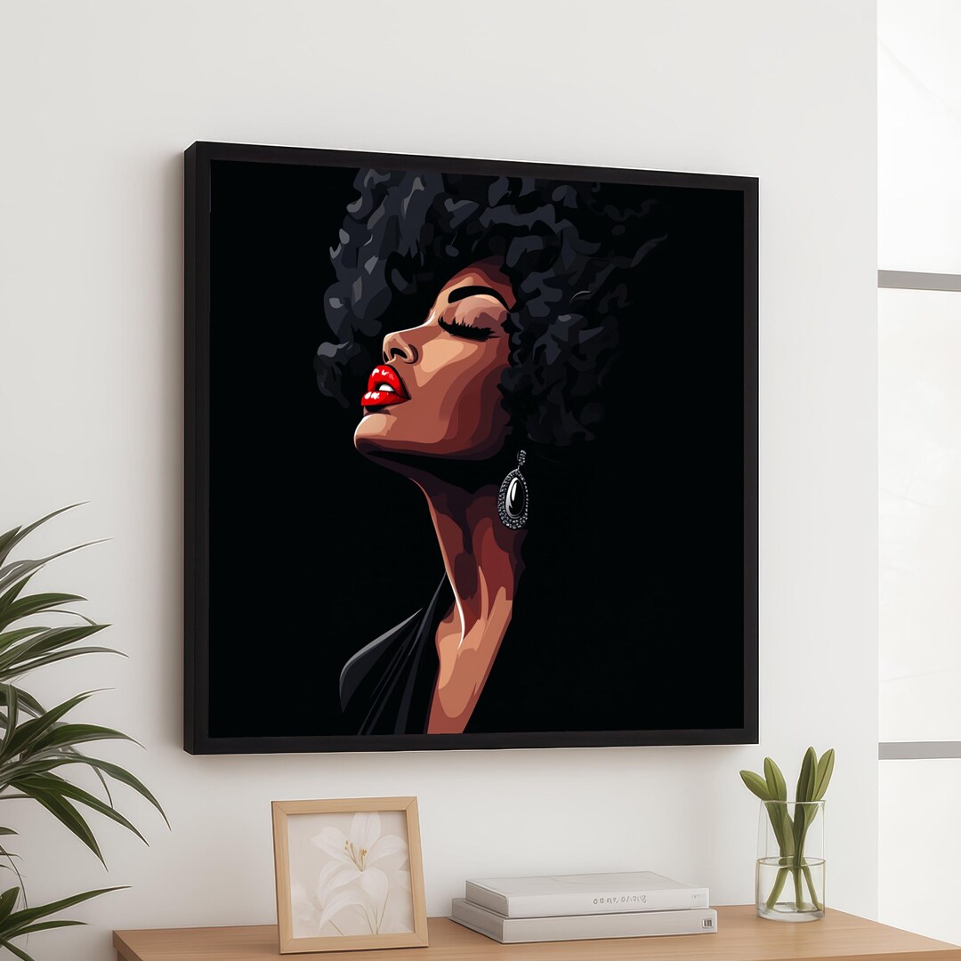 Elegant Afro Woman Portrait Canvas, Modern Black Art, Red Lips Wall Art ...