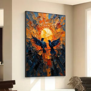 Abstract Sunset Canvas Wall Art with Two Black Birds, Modern Painting, Nature Bird Scene, Vibrant Orange and Blue Home Decor