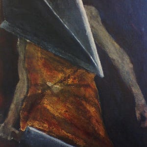 Silent Hill boss Pyramid Head portrait painting, available in matte or gloss paper, also in gallery wrap. Scary video game characters