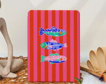 Funda Kindle con rayas rojas para Paperwhite 12.º de 7" y 11.º de 6.8", Kindle 2024 Colorsoft, funda Kobo Cover, Kindle Scribe, funda transparente con diseño de pez cabeza redonda