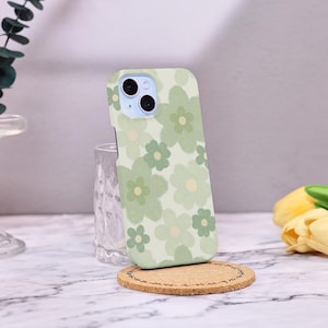 Green flower Pattern Phone Case,  Ladies&#39; Style Flower Cover for iPhone 16 15 14 13 12 11 Pro Max, Customizable Name Slim Casec