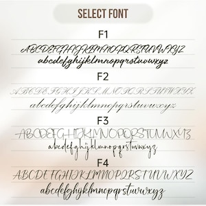May include: A graphic showcasing four different cursive font styles labeled F1 through F4. Each font displays the uppercase and lowercase alphabet, providing a visual comparison of the letterforms for design selection.