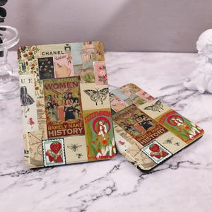 May include: A collage of vintage images and text on a cream background. The images include a woman in a hat, a butterfly, and strawberries. The text includes "Well Behaved Women Rarely Make History" and "Chanel".