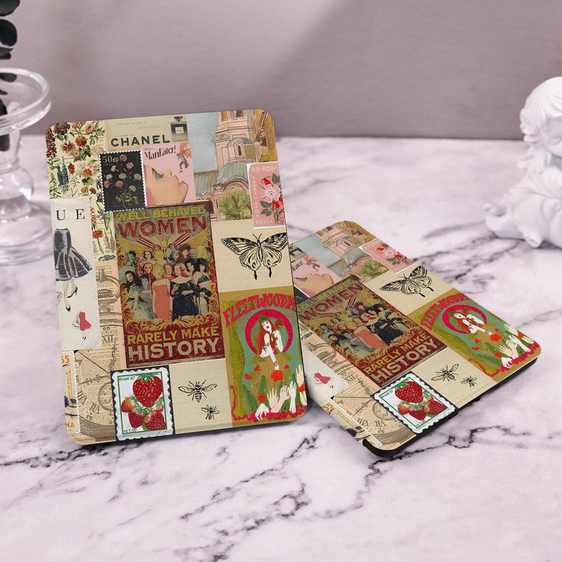 May include: A collage of vintage images and text on a cream background. The images include a woman in a hat, a butterfly, and strawberries. The text includes "Well Behaved Women Rarely Make History" and "Chanel".