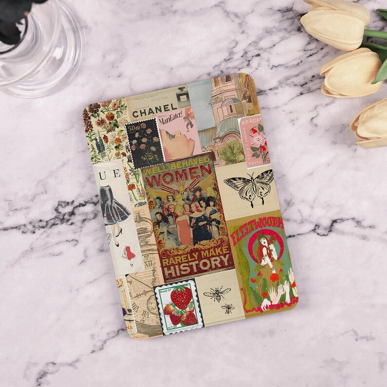May include: A collage of vintage images featuring a butterfly, strawberries, and text that reads "Well Behaved Women Rarely Make History". The collage is printed on a light brown background.