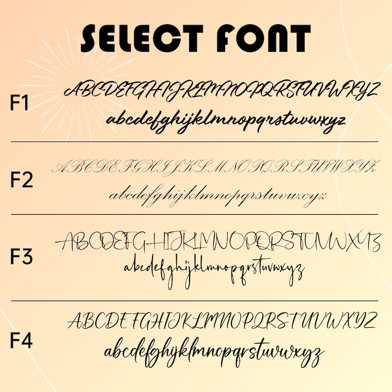 May include: Image displaying the text "SELECT FONT" in bold black letters. Below, four font options (F1-F4) are shown, each with uppercase and lowercase alphabets in various cursive styles. The background is a gradient of light orange and cream.