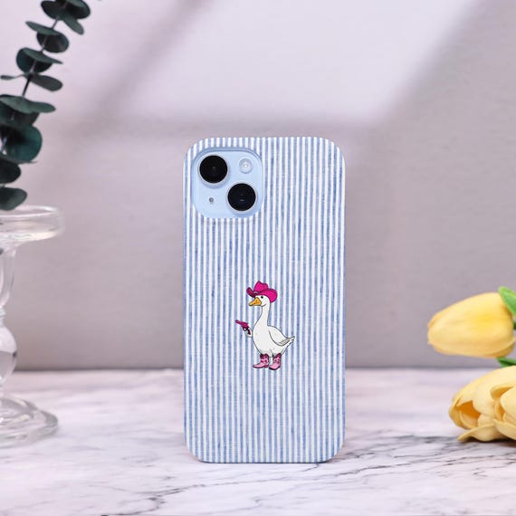 Blue Striped Cute Duck iPhone Case for iPhone 16e iPhone 17 16 15 14 13 12 11 Pro Max Case 17 Air iPhone X Xs XR iPhone Tough Cover