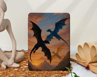 May include: A rectangular e-reader cover featuring a vibrant illustration of three dragons flying against a sunset sky with orange clouds and mountain silhouettes. The dragons are depicted in black, blue, and gold, soaring above a landscape.