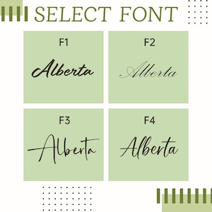 Op de afbeelding: Afbeelding met vier lettertype-opties, gelabeld met F1 tot en met F4, die elk het woord "Alberta" in een andere cursieve stijl tonen. De tekst "SELECT FONT" staat bovenaan, tegen een lichtgroene achtergrond.