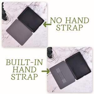 May include: Two gray and black tablet cases, one with a built-in hand strap and one without. "BUILT-IN HAND STRAP" and "NO HAND STRAP" are written on the image.