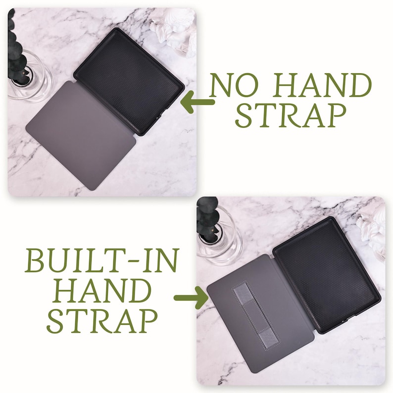 May include: Two gray and black tablet cases, one with a built-in hand strap and one without. "BUILT-IN HAND STRAP" and "NO HAND STRAP" are written on the image.