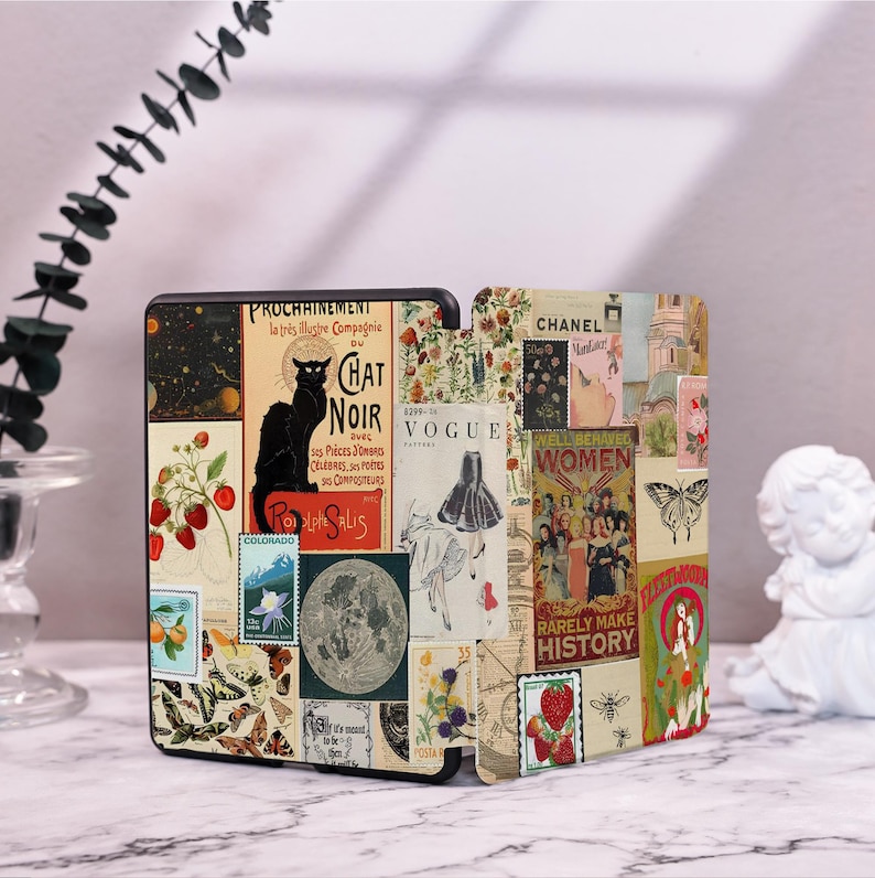 May include: A collage of vintage images and text on a black and white background. The images include a black cat, a moon, a Vogue magazine cover, and a Chanel logo. The text includes the words "Chat Noir", "Vogue", "Chanel", and "Women".