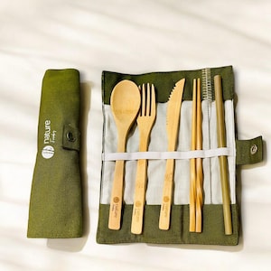 Reusable Bamboo Cutlery Kit | Eco-Friendly Travel Utensils Set | Sustainable, Zero-Waste, Plastic-Free | Fork, Knife, Spoon, Straw
