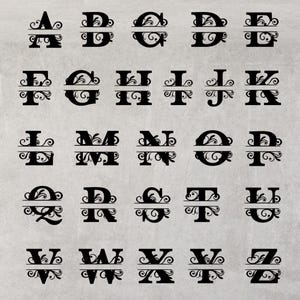 May include: A collection of black, decorative monogram letters, each split horizontally with a floral design. The letters A through Z are displayed in a grid against a light gray background.