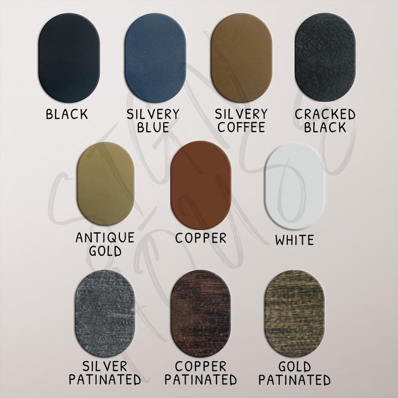 May include: Nine color swatches showing different finishes for metal. The colors are black, silvery blue, silvery coffee, cracked black, antique gold, copper, white, silver patinated, copper patinated, and gold patinated.