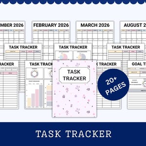 May include: A collection of printable task trackers and calendars, including monthly calendars for November 2026, February 2026, March 2026, and August 2026. The pages feature various layouts for task management and goal tracking, with a floral-patterned cover. The image includes the text "20+ PAGES".