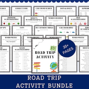 Puede incluir: Un conjunto de actividades imprimibles para viajes por carretera, que incluyen búsquedas de palabras, búsquedas del tesoro y rompecabezas. El paquete presenta una variedad de juegos y desafíos para niños y adultos, con el texto "ROAD TRIP ACTIVITY BUNDLE".