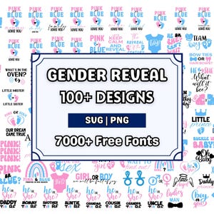 May include: A collection of gender reveal designs in pink and blue, with phrases like "It's a Boy!" and "It's a Girl!" The image includes text that says "Gender Reveal 100+ Designs" and "7000+ Free Fonts" in a variety of styles.