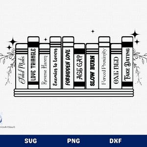 May include: A black and white graphic of a bookshelf with books. The books have titles like "Fated Mates," "Love Triangle," and "Fake Dating." Floral and star accents decorate the image. The image includes the text "Graphics Art Vault."