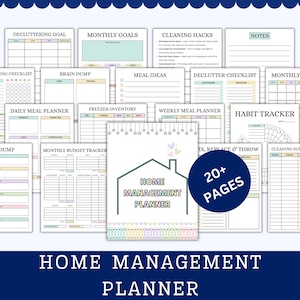 May include: A set of printable home management planner pages. The pages include sections for decluttering goals, monthly goals, cleaning hacks, meal ideas, and habit tracking. The planner has a cover with a house graphic and the text "HOME MANAGEMENT PLANNER".