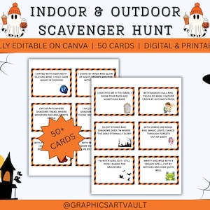 50+ Halloween Scavenger Hunt Cards for Kids Indoor Treasure Hunt Game with Riddles Clue, Perfect Halloween Activity for Parties & Family Fun