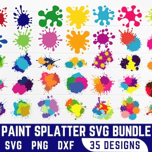 May include: A collection of 35 colorful paint splatter designs in various shapes and sizes. The splatters are in shades of red, blue, green, yellow, pink, and orange. The image includes the text "PAINT SPLATTER SVG BUNDLE" and file type options: SVG, PNG, and DXF.