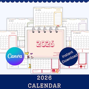 Puede incluir: Una colección de calendarios de 2026 con una portada rosa que muestra el año en letras 3D. Los calendarios muestran los meses con fechas y secciones de notas. La palabra "Canva" está en un círculo azul y morado, y "Descarga instantánea" en un círculo azul marino.