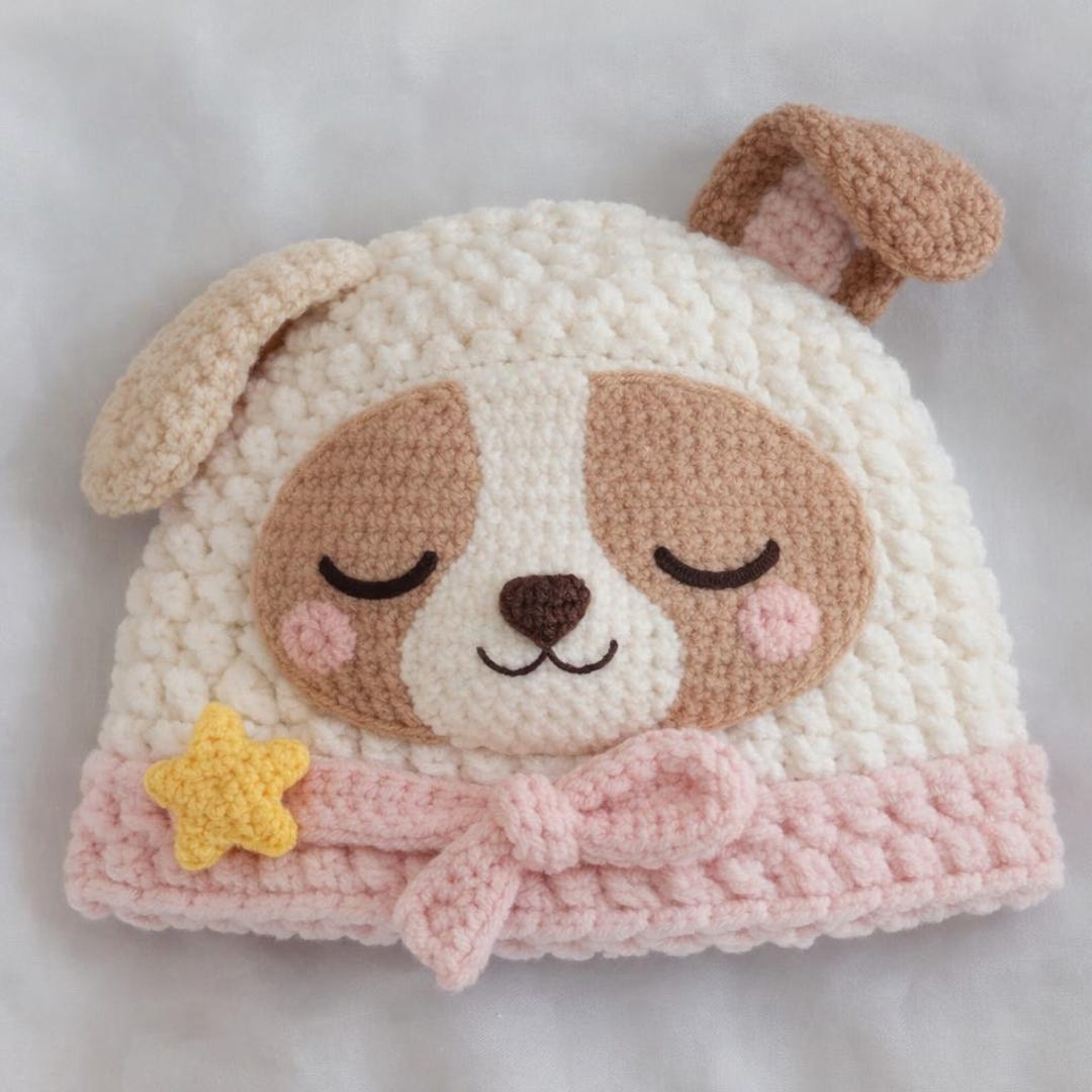 Sleepy Puppy Crochet Beanie Pattern, Cute Dog Hat PDF Tutorial, Digital ...