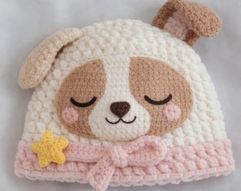 Sleepy Puppy Crochet Beanie Pattern, Cute Dog Hat PDF Tutorial, Digital Download