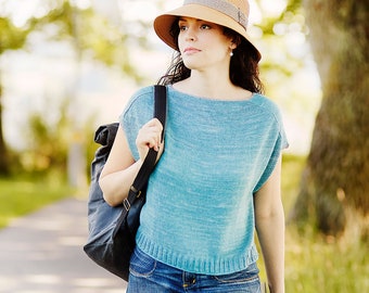 Strickanleitung weiter Pullunder, ein sommerliches Oberteil für Damen in S, M und L. "Top-down": von oben in Runden gestrickt. In Deutsch