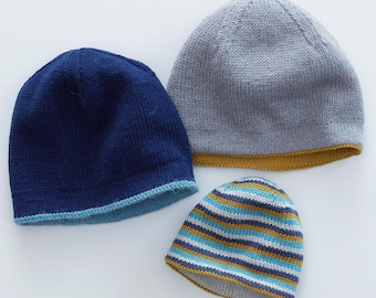 Stickmönster på tyska för en dubbelskiktad vändbar mössa. Mössa/beanie för småbarn och vuxna, kan bäras på båda sidor.