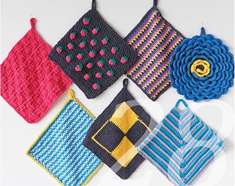 Crochet and knit pot holder instructions. 7 versions. An instant download written in German.